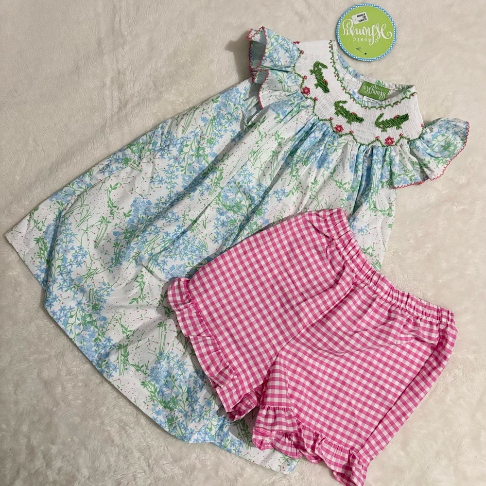 Floral Dress and Pink Gingham Bottoms Set